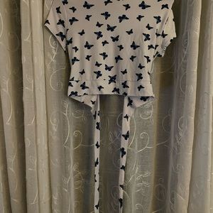 Cropped, blue butterfly criss cross tie-back shirt